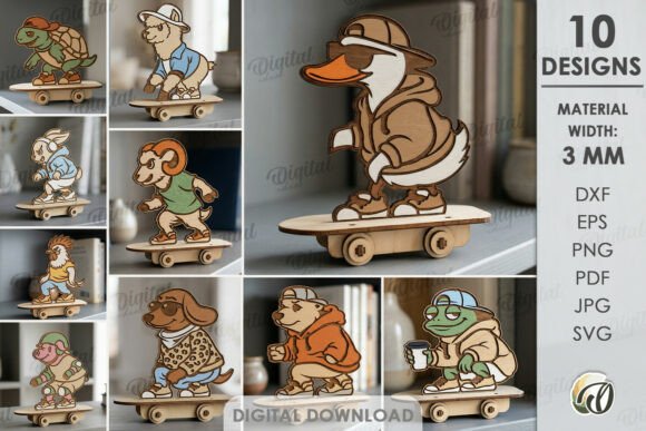 Elevate Your Laser Cutting Projects with the 3D Animals on Skateboards Bundle Laser Cut Collection